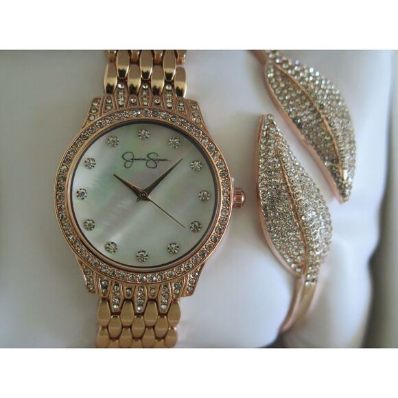 Jessica Simpson JSB8008RG Gold Crystal Leaf Hinged Bangle Watch Set $120 - Picture 5 of 9